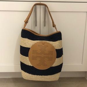 Tory Burch woven straw bucket bag for summer